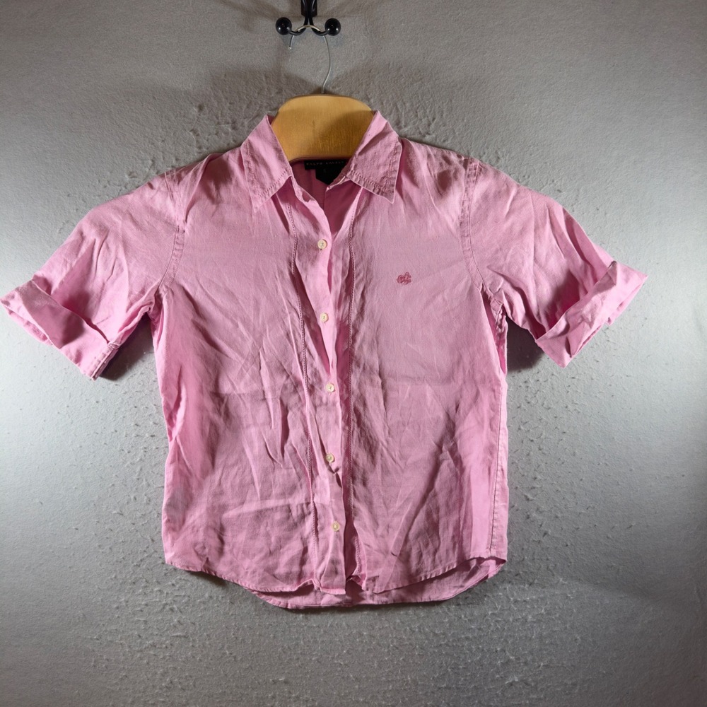 1536 | Lauren Ralph Lauren Pink 100% Linen Short Sleeve Button Up Shirt Women S